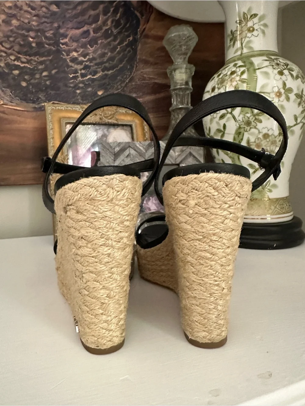 Michael Michael Kors Black Leather Espadrille Platform Wedge Sandals Size 8.5